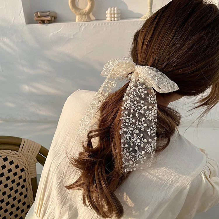 Elegant Lace Embroidery Bow Hair Ties Solid Color Retro Headdress Hair Ties Sweet Girls Princess Hair Accessories Gift