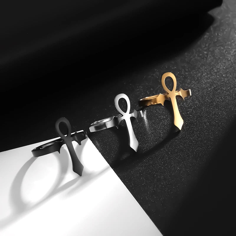 Stainless Steel Ankh Cross Ring Vintage Egyptian Life Key Protection Symbol Amulet Jewelry Men Women