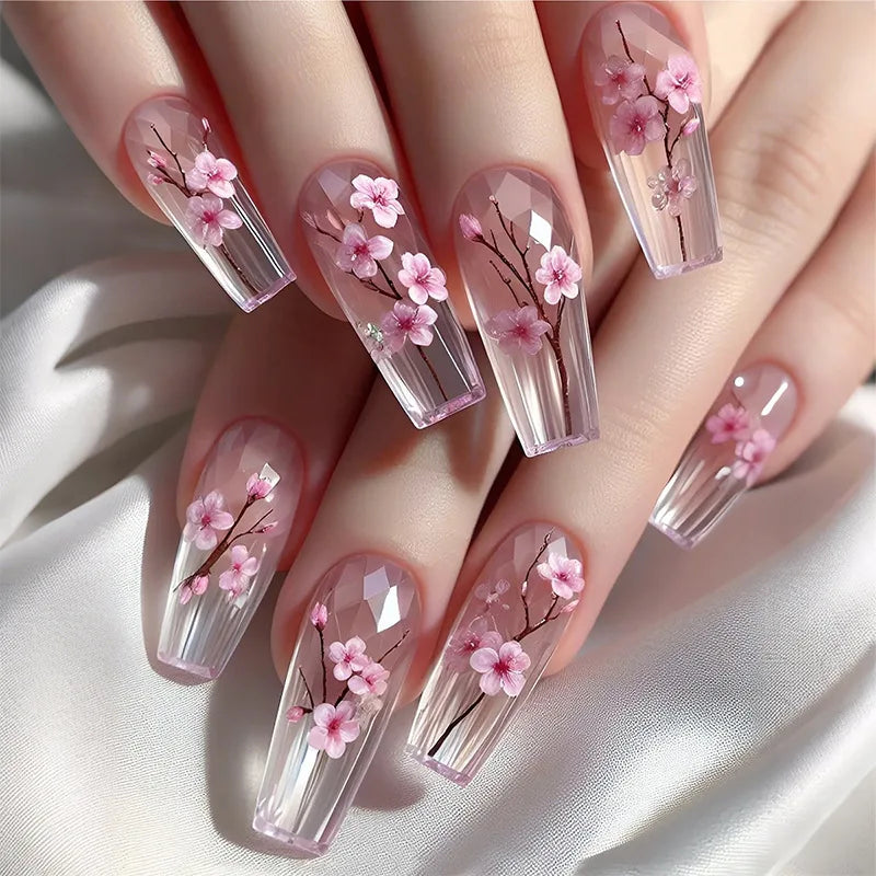 24Pcs Sweet Cool Coffin Fake Nails Butterfly Flower Acrylic Nail Glitter Glossy False Nail Full Cover Autumn Press on Nails Tips