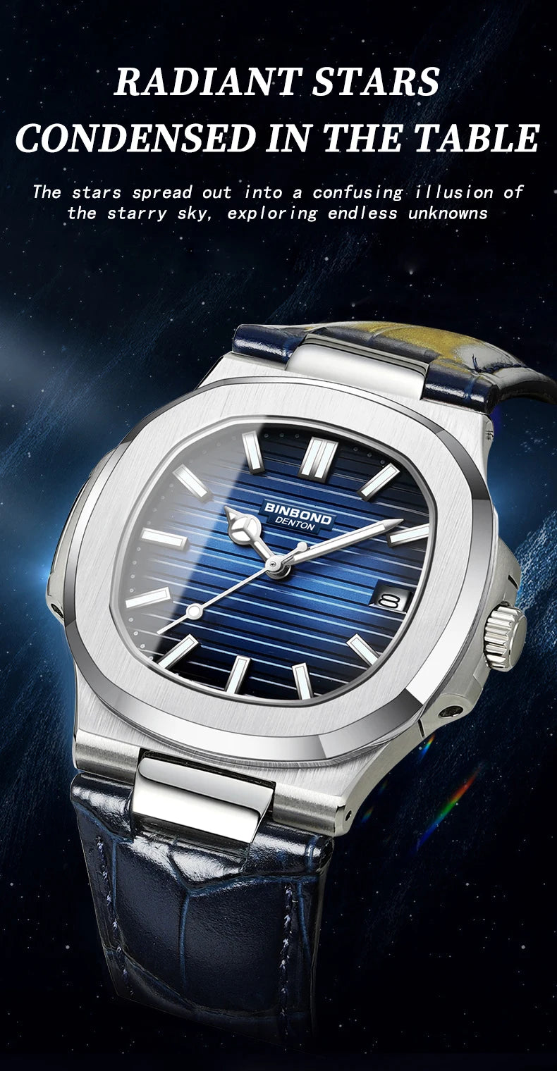 BINBOND Top Luxury Square Man Watch Date Waterproof Luminous Watch High Quality Leather Quartz Men's Watches Relogio Masculino