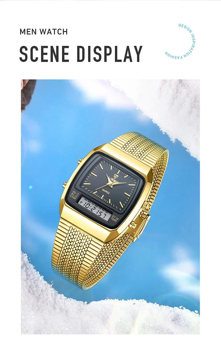 New Golden Steel Strap Quartz Sport Watch Mens Dual Time Week Display Digital Wristwatches Waterproof Clock Reloj Hombre