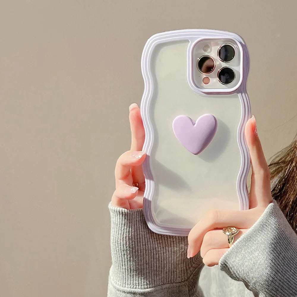 Wave Frame Cover For iPhone 15 11 14 12 13 Pro Max X XR XS Max 7 8 14 15 Plus SE 2020 2022 3D Love Heart Transparent Case Ccover