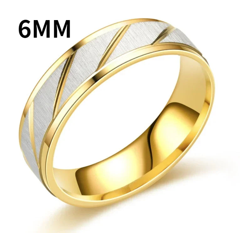 Fashion Gold Stripes Couple Rings 6mm 4mm Stainless Steel Contrast Color Jewelry Valentine's Day Gifts