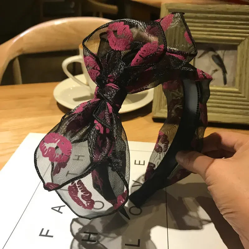 Bow Hairband Black Mesh Headband for Women Korean Fashion Double Layers Headbands with Lips Print Ladies Hair Accessories