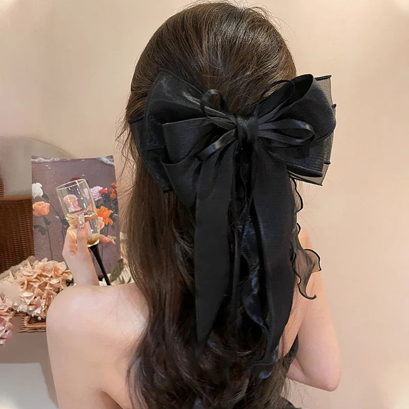 Pink Mesh Big Bow Hair Clip For Women Simple Ribbon Girls Elegant Spring Clip Headwear Korean Style Cute Bowknot Ponytail