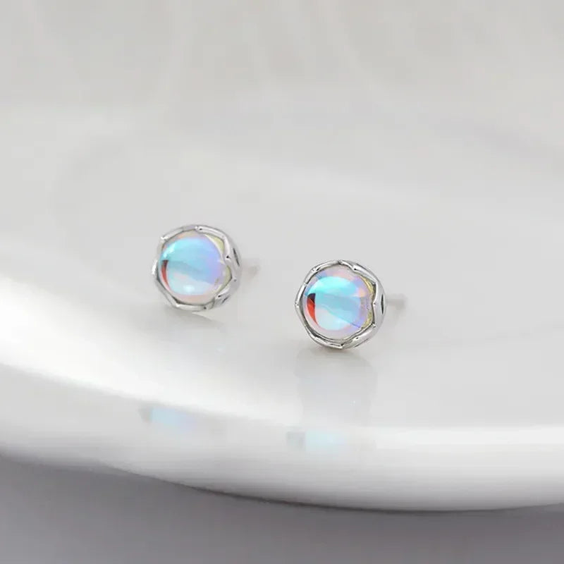 Mini Moonstone Small Round Stud Earrings for Women Simple Design Luxury Aurora Personality Exquisite Girls Charm Jewelry Gift