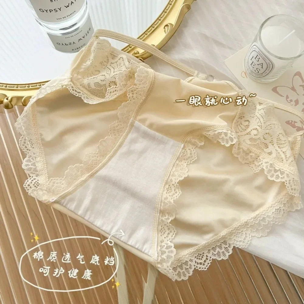 High-quality Satin Panties Soild Color Breathable Underwear Women French Sexy Lace Bow Lingerie Mid-waist Thin Mesh Briefs 도매