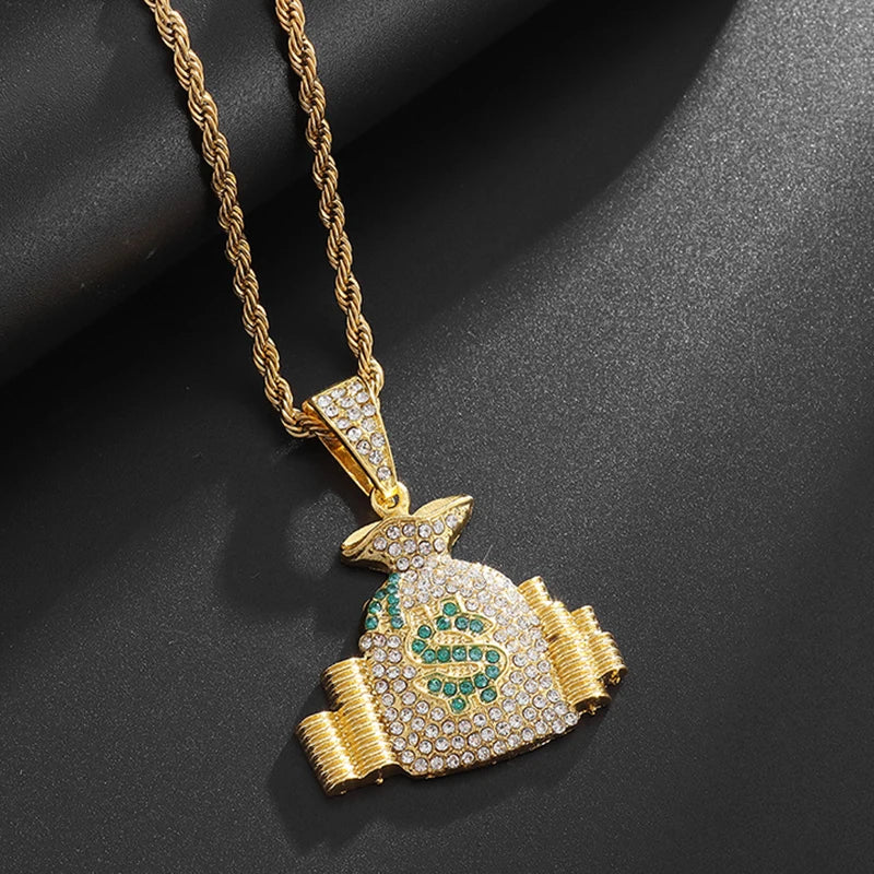 Money Bag Pendant Necklace With Rope Chain Gold Color Hip Hop Punk Bling Iced Out Zircon Cool Men's Rock Biker Neck Jewelry Gift