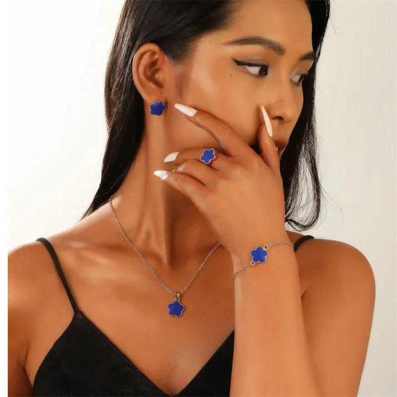 5PCS Romantic 5 Flower Petal Pendant Necklace Set for Women Girls Stud Earring Bracelet Ring Combination Jewelry Party Gifts