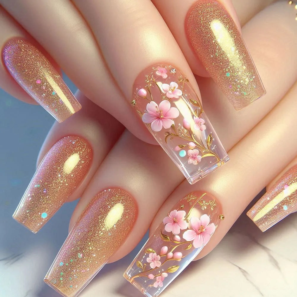 24Pcs Sweet Cool Coffin Fake Nails Butterfly Flower Acrylic Nail Glitter Glossy False Nail Full Cover Autumn Press on Nails Tips