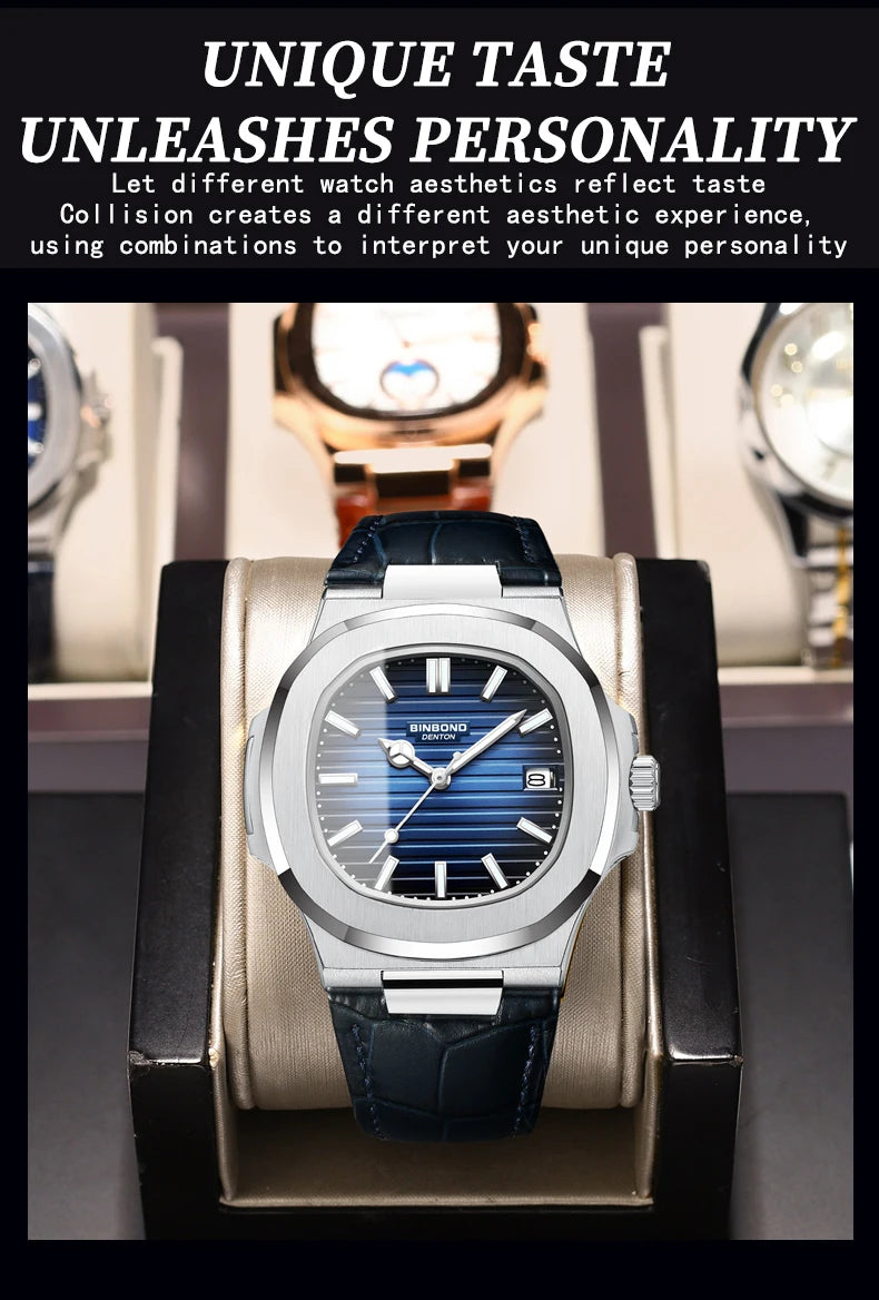 BINBOND Top Luxury Square Man Watch Date Waterproof Luminous Watch High Quality Leather Quartz Men's Watches Relogio Masculino