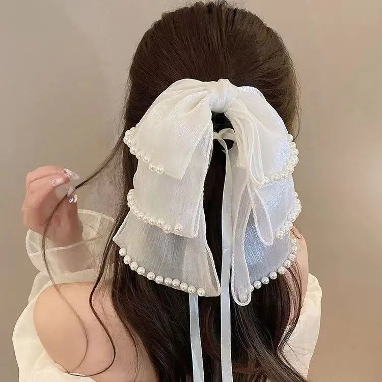 Large Pearl Bow Hair Claw Clip Sweet Elegant Hairpins Women Ponytail Hair Crab Clips Girls Mesh Ribbon Non-slip Hair Accessories