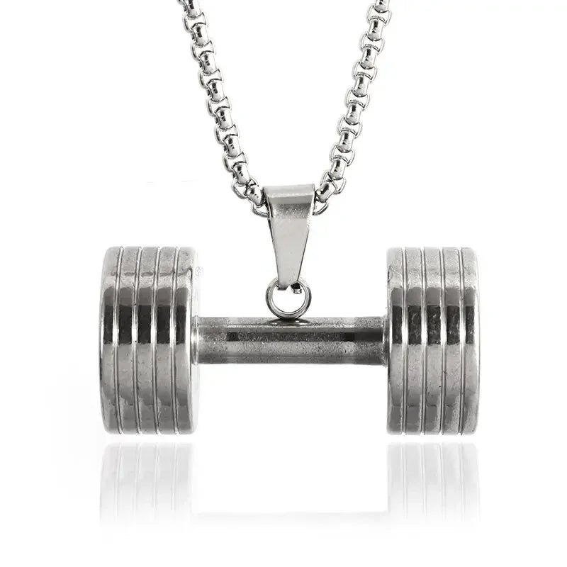 Cool Titanium Steel Dumbbell Pendant Necklace Barbell Fitness Pendant Men and Women Leisure Sports Punk Jewelry