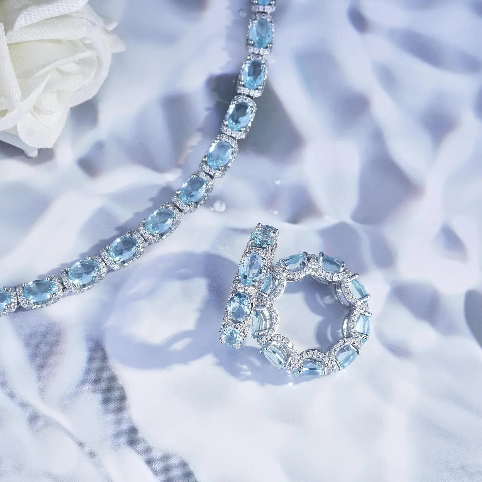 Fashion Jewelry Set for Women Round Aquamarine Bracelet Ring Sets Zircon Bridal Decoration Accessory Banquet Luxury Chain Gifts