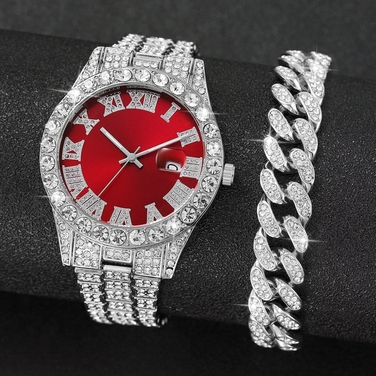 2PCS Luxury Rhinestone Men Watches Fashion Stainless Steel Band Male's Analog Quartz Watch Bracelet Set Relogios Masculino