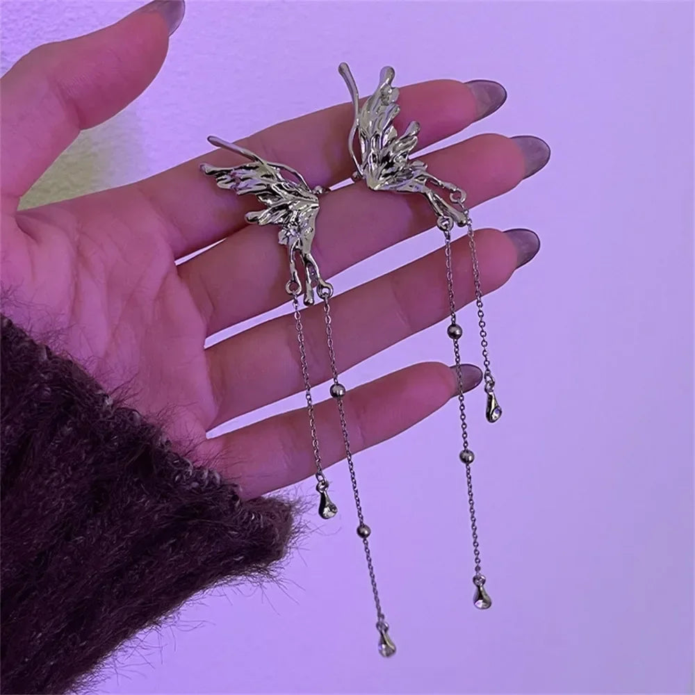 Y2K Fairy Butterfly Tassel Ear Clips Angel Ear Bone Clip Earring Elf Female Hole Cuff Hanging Earring Fashion Jewelry Gift