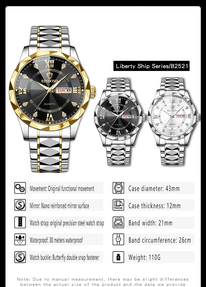 BINBOND B2521 Fashion Casual Business Quartz Men Watches 30M Waterproof Week Date Clock Sport Mens Wristwatch Relogio Masculino