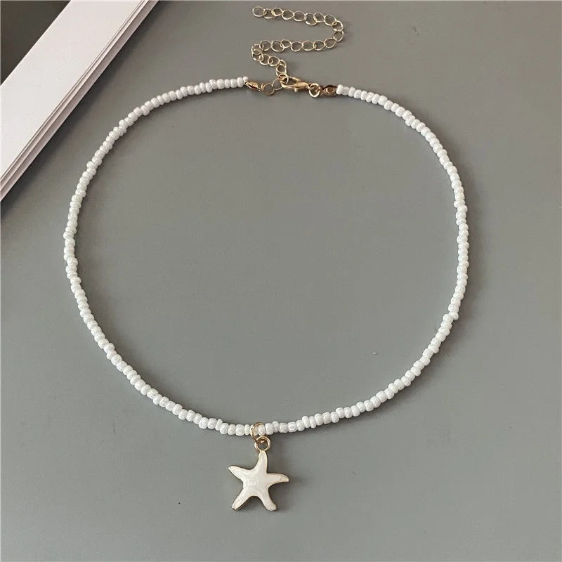 4 Colors Fashion Starfish Choker Necklace for Men Women White Black Blue Colorful Rice Beads Gift for Friend  Short Collar