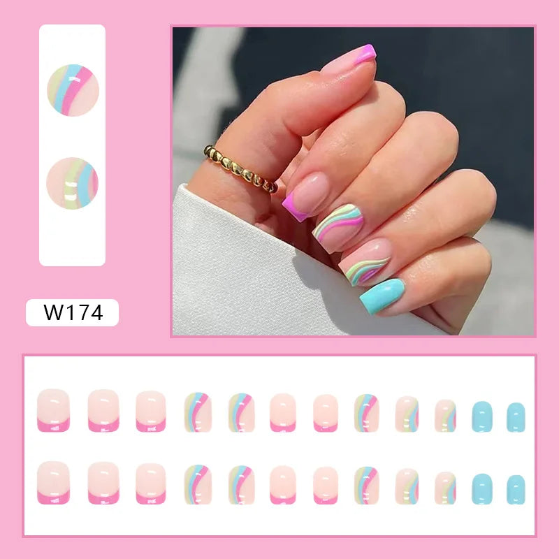 Sweet French 24 Pcs Press on Nails Pink Gradient Fake Nails Glossy Artificial Finger Manicure Reusable False Nails for Women