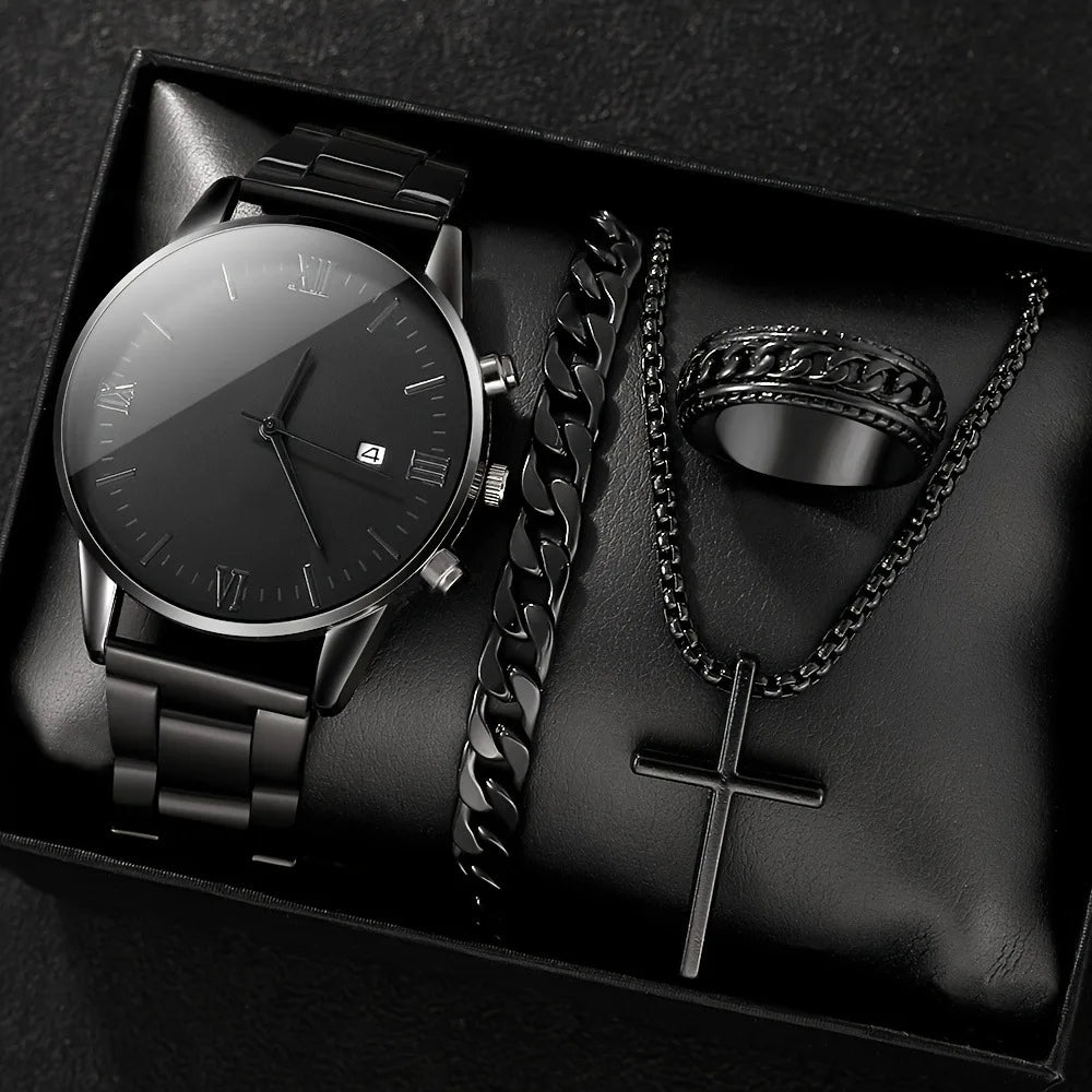 Luxury Men Business Quartz Watches 4pcs Set Gold Alloy Roman with Calendar Wrist Watch Cross Necklace Bracelet Ring Set Men Gift
