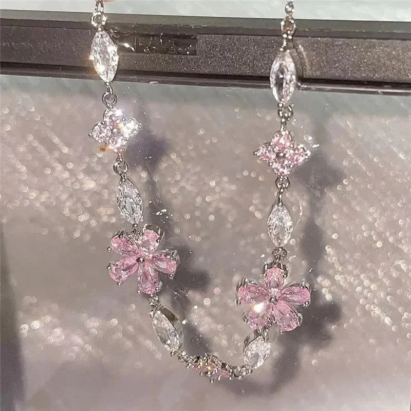Elegant Fairy Pink Crystal Zircon Sakura Flowers Bracelet for Women Y2K Sweet Girls Cherry Blossom Moon Bow Knot Jewelry Gifts