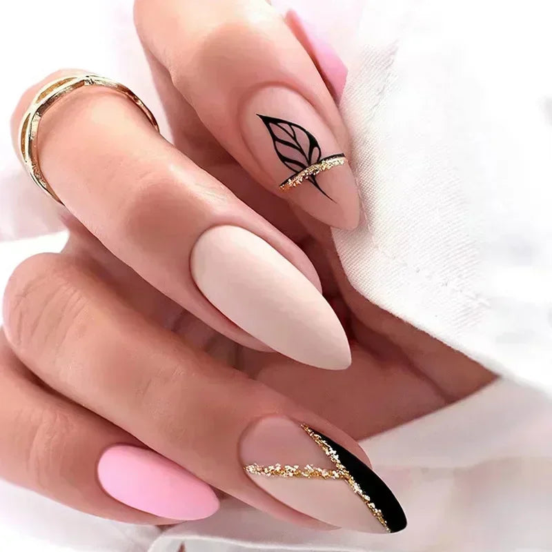 24pcs winter fall leaves brown black false nails with almond French artificial nails with glue short stiletto fake press on nail