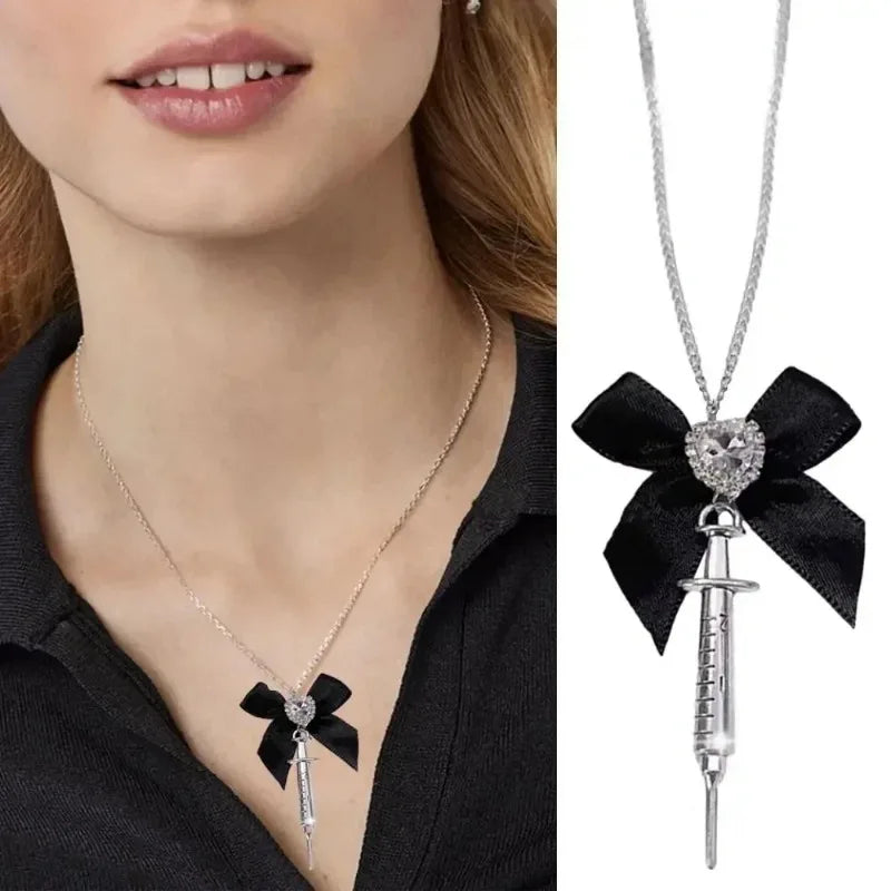 Rhinestone Love Heart Bowknot Metal Syringe Pendant Necklace for Women Dark Lolita Cool Trend Jewelry Gothic Fashion Accessories