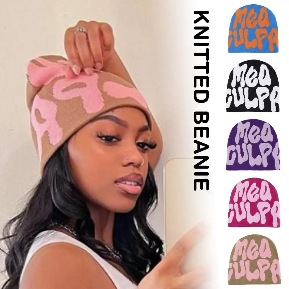 Fashion Korean Y2K Knitting Beanie Hat Cool Letter Graphic Knitting Beanie Cozy Knit Skullies Cap Slouchy Unisex Winter Hats