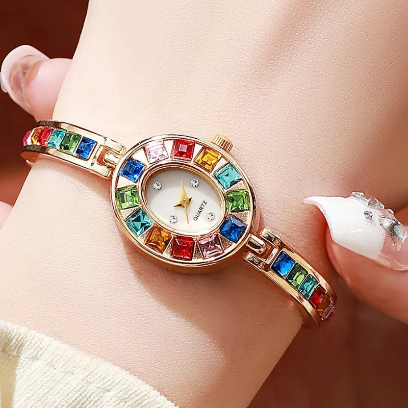 Dropshipping Women Quartz Watches New Fashion Rainbow Rhinestone Strap Oval Dial Bracelet Watch Wholesale Wristwatches Reloj