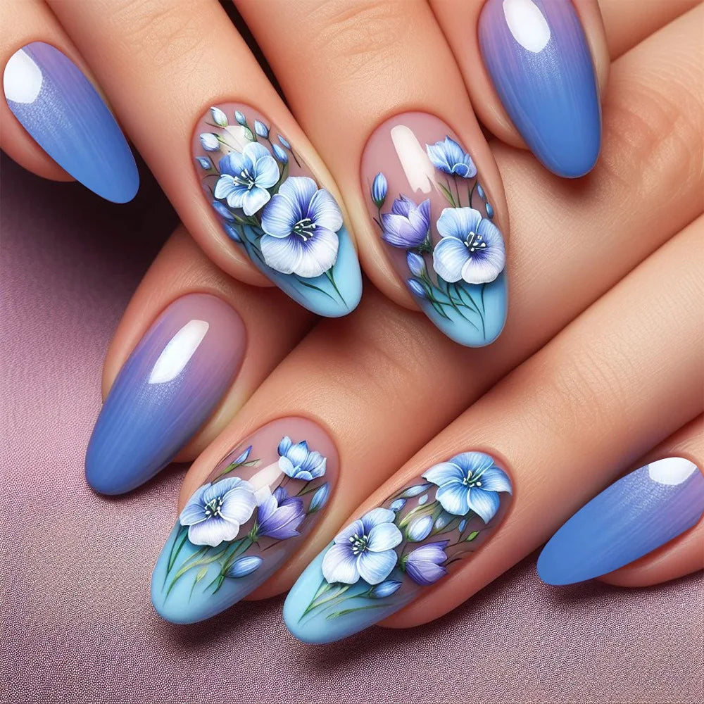 24Pcs Almond Head Press on Nails Fashionable Nail Art Colorful Gradient Flowers False Nails Dreamy Summer Nails Fun Fake Nail