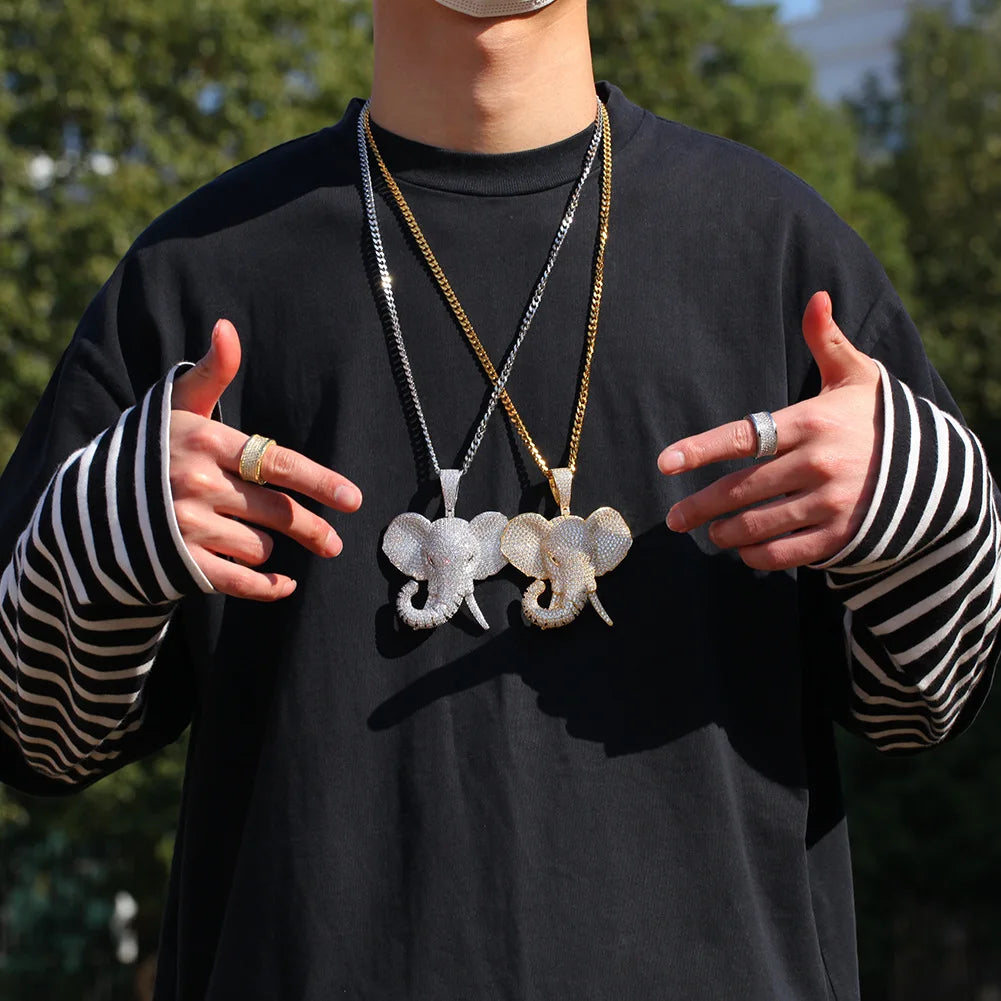 Hip Hop Cubic Zirconia Pave Bling Iced Out Elephant Pendant Animal Necklace Men Women Hip Hop Cool Rap Jewelry Birthday Gift
