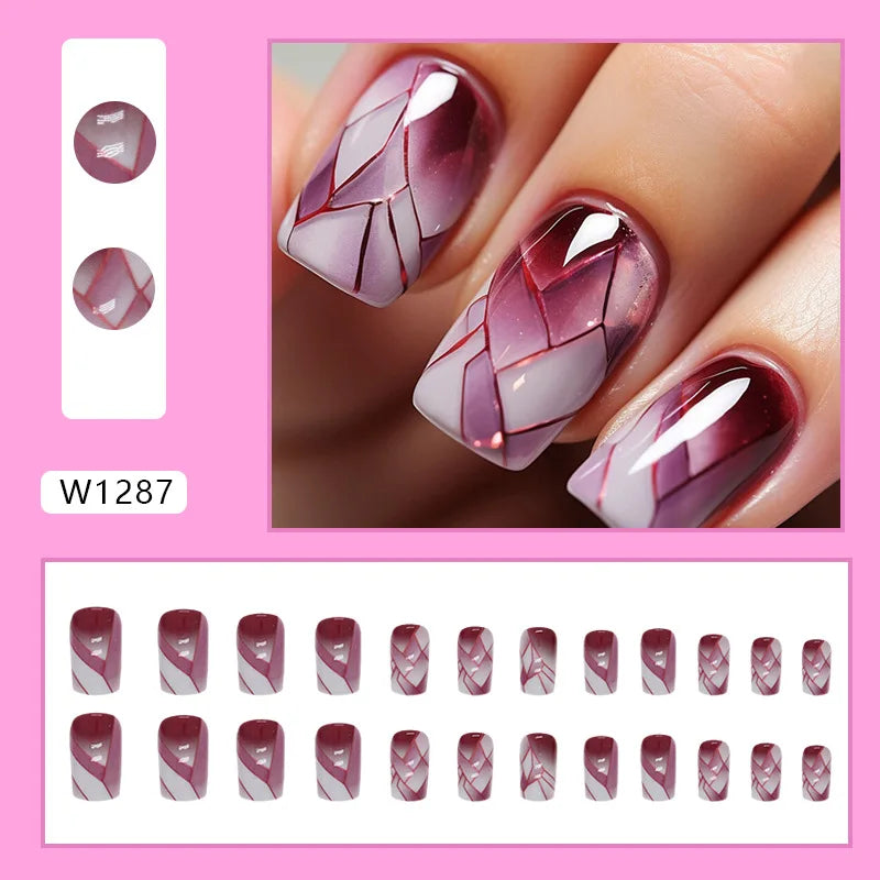 Leopard Print 24 Pcs Press on Nails Pink Gradient Fake Nails Glossy Artificial Finger Manicure Reusable False Nails for Women