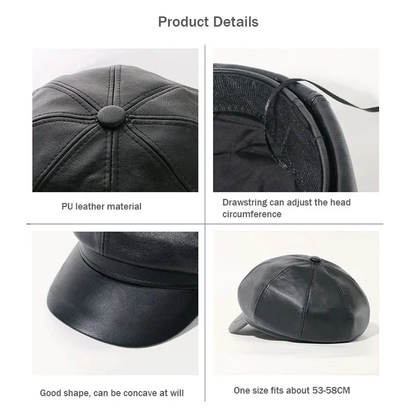 8 Panels Newsboy Caps for Women PU Leather Cabbie Painter Hat Gatsby Ivy Beret Cap
