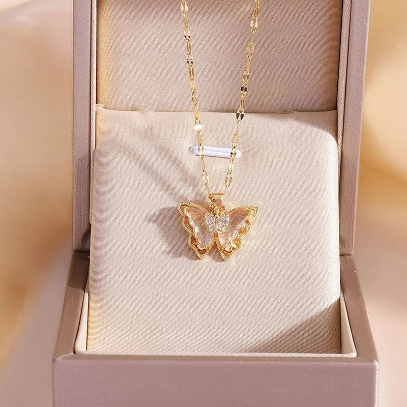 Micro-inlaid Crystal Butterfly Necklace Fashion European American Style Cute Classic Light Luxury Transparent Clavicle Chain
