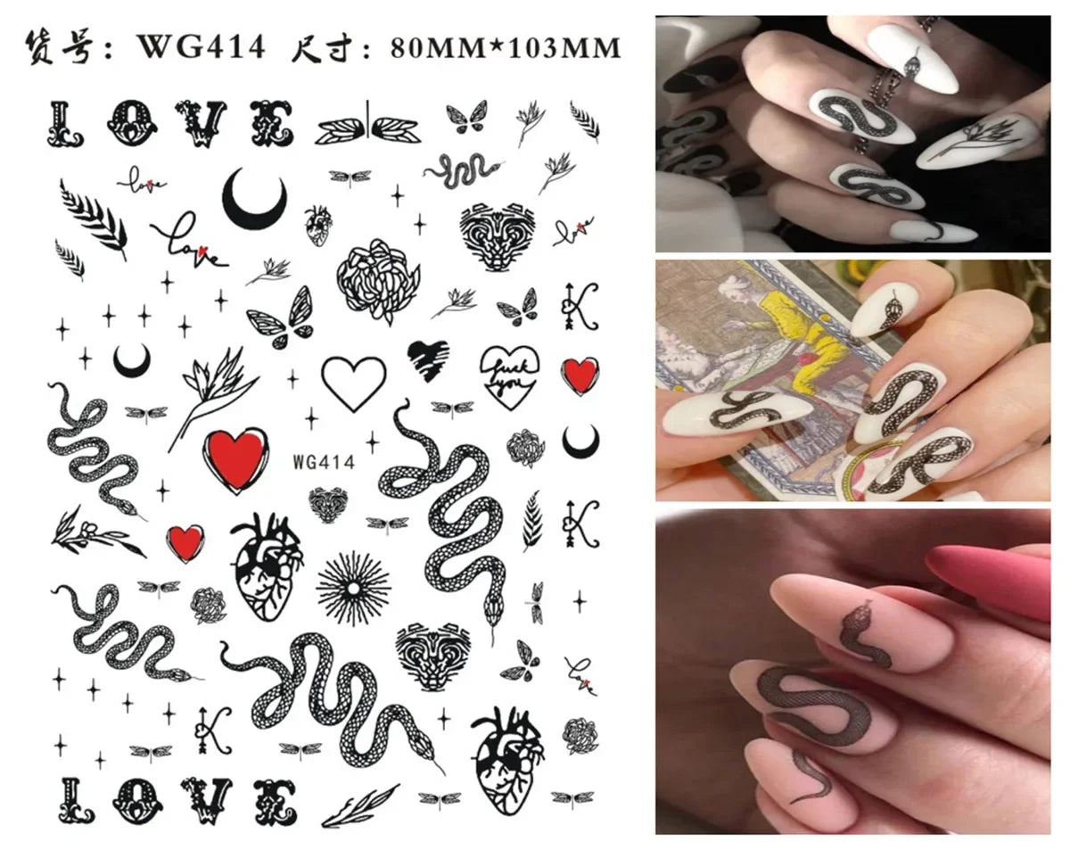 3D Chinese Red Black Dragon Manicure Decor Stickers Snake Nail Sticker DIY Self Adhesive Nail Decals Acrylic Nail Art Decoration