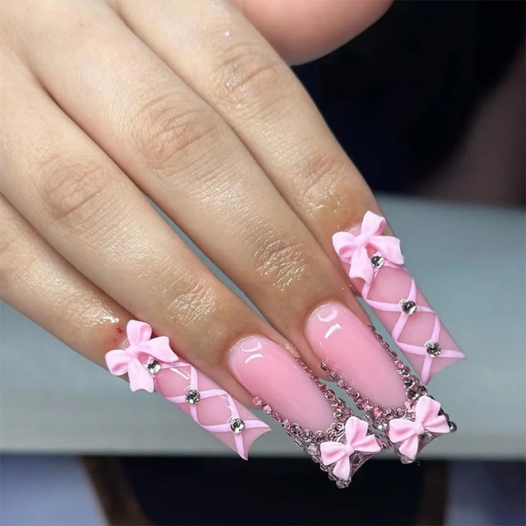 24Pcs Extra Long Square Fake Nail with Glue 3D Little Bear Bow Design False Nails White French Press on Nails Wearable Manicure