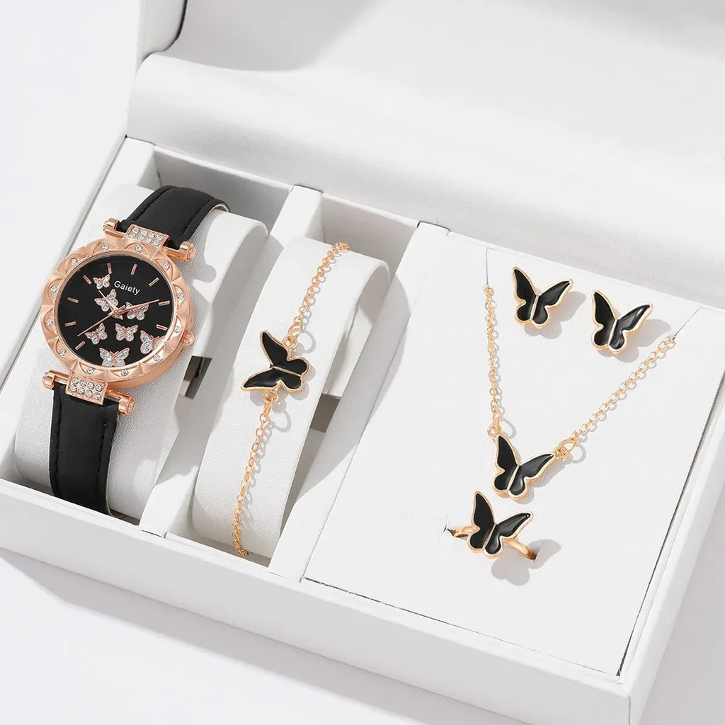 1/6PCS Set Luxury Watch Women Ring Necklace Earrings Rhinestone Fashion Wristwatch Ladies Casual Watches Bracelet Set Clock