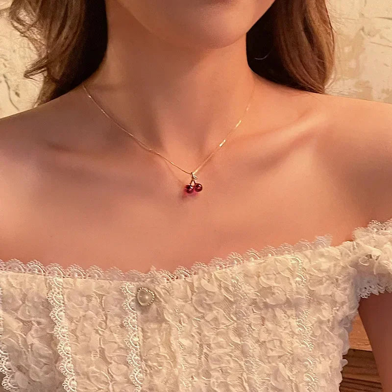 Red Cherry Pendant Necklace Stud Earrings Set Women's Fashion Fruit Necklace Earrings Jewery Set For Party Wedding Girls Gifts