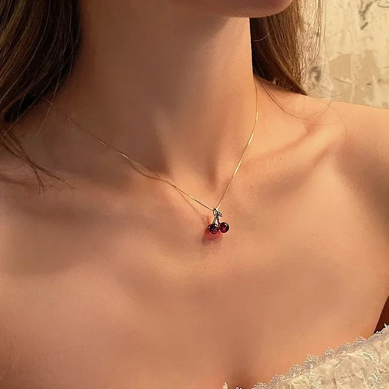 Red Cherry Pendant Necklace Stud Earrings Set Women's Fashion Fruit Necklace Earrings Jewery Set For Party Wedding Girls Gifts