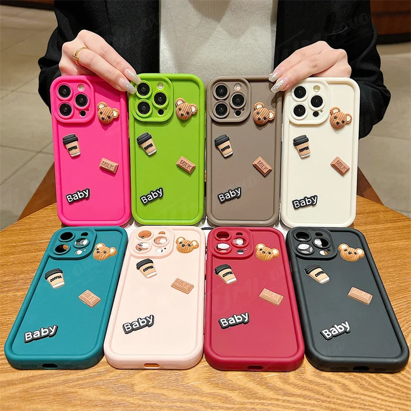 Coffee Bear Shockproof Soft Phone Case For iPhone 15 14 13 12 11 Pro Max X XR 7 8 Plus Candy Liquid Silicone Bumper Back Cover
