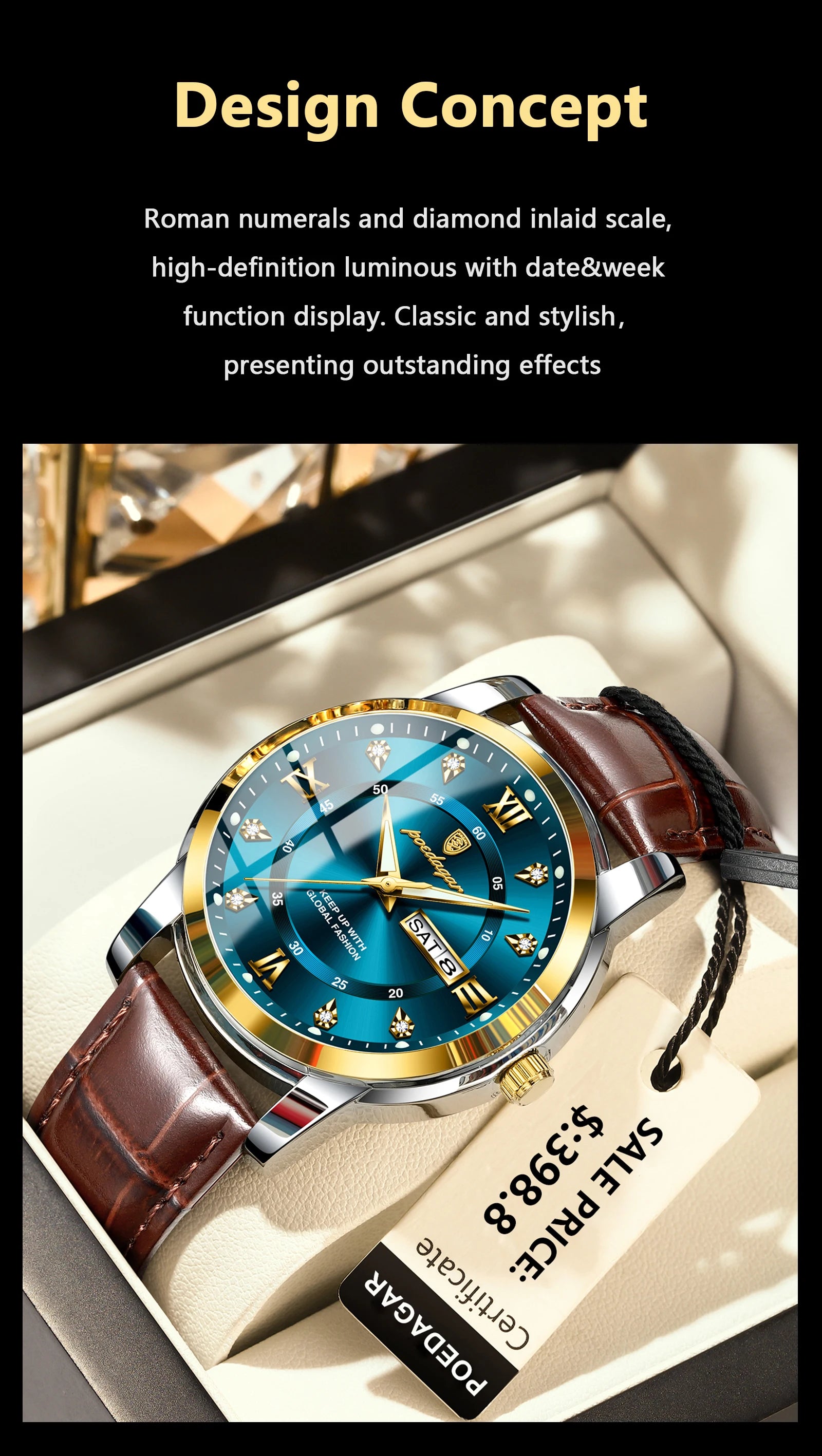 POEDAGAR Luxury Business Men Watch Waterproof Luminous Week Date Man Wristwatch High Quality Leather Sports Men's Quartz Watches