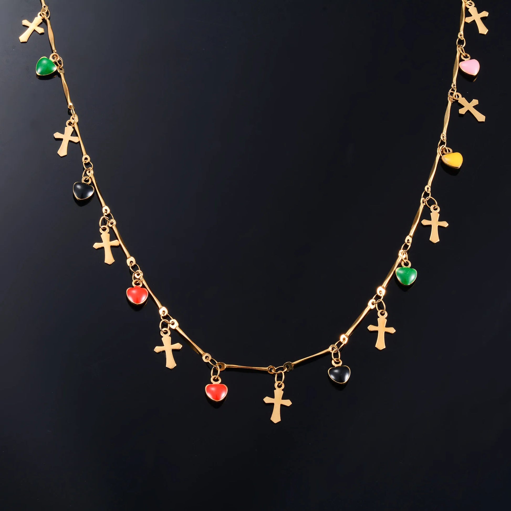 Colorful Heart Cross Stainless Steel Necklace Neck Chain for Women Gold Color Plated Bohemian Choker Metal Boho Jewelry Gift