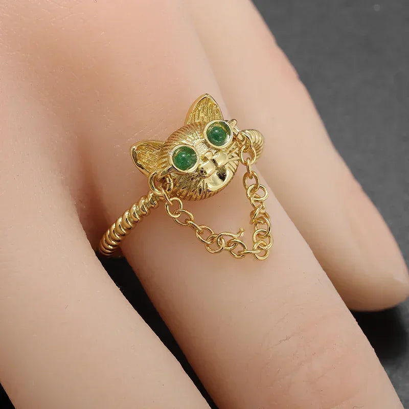 Gold Color Cute Cat Head Chain with Glasses Ring Green Zircon Animal Dog Adjustable Ring Men and Women Hip Hop Trendy Jewelry