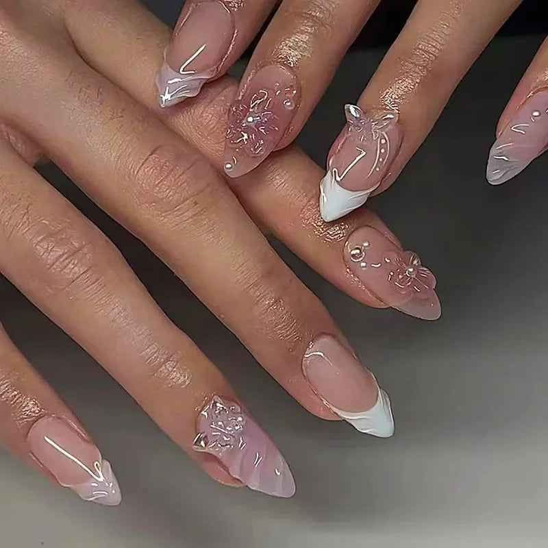 24Pcs 3D Flower Almond Nail Set Press on Nails with 3D Wave Drill False Nails French Tip Full Cover Artificial Nails Art Tips
