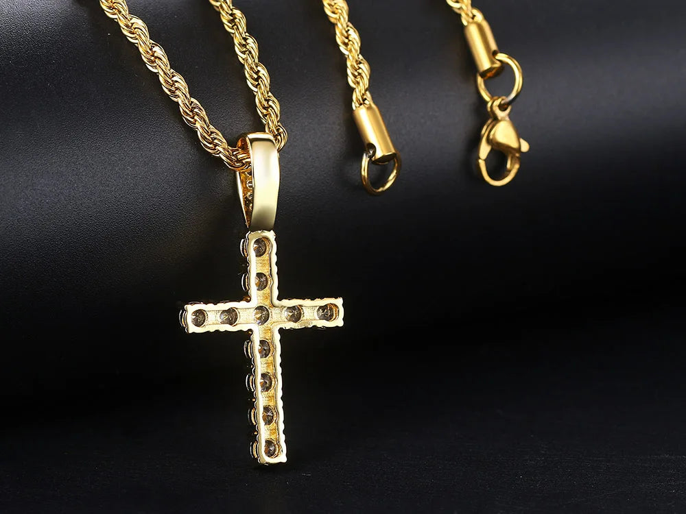Cross Iced Out Pendant Necklace For Men Hip Hop Delicate Gold Color Cuban Rope Rapper Homme Chain on Neck Accessories OHP145