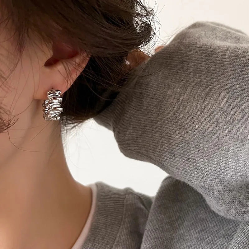 Personality Irregular Wavy Pleated Hoop Earrings for Women New Charm Gold Plated Stainless Steel Dangle Jewelry Accessories Gift