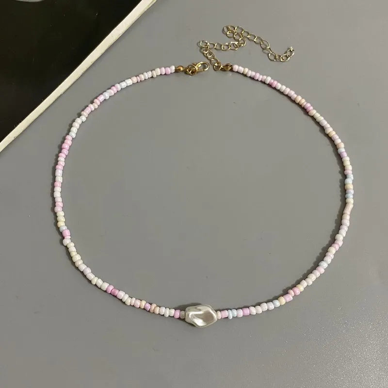 Fashion Boho Beads Necklace Women Imitation Pearl Seed Beaded Strand Short Choker Necklace Handmade Female Jewelry Wholesale