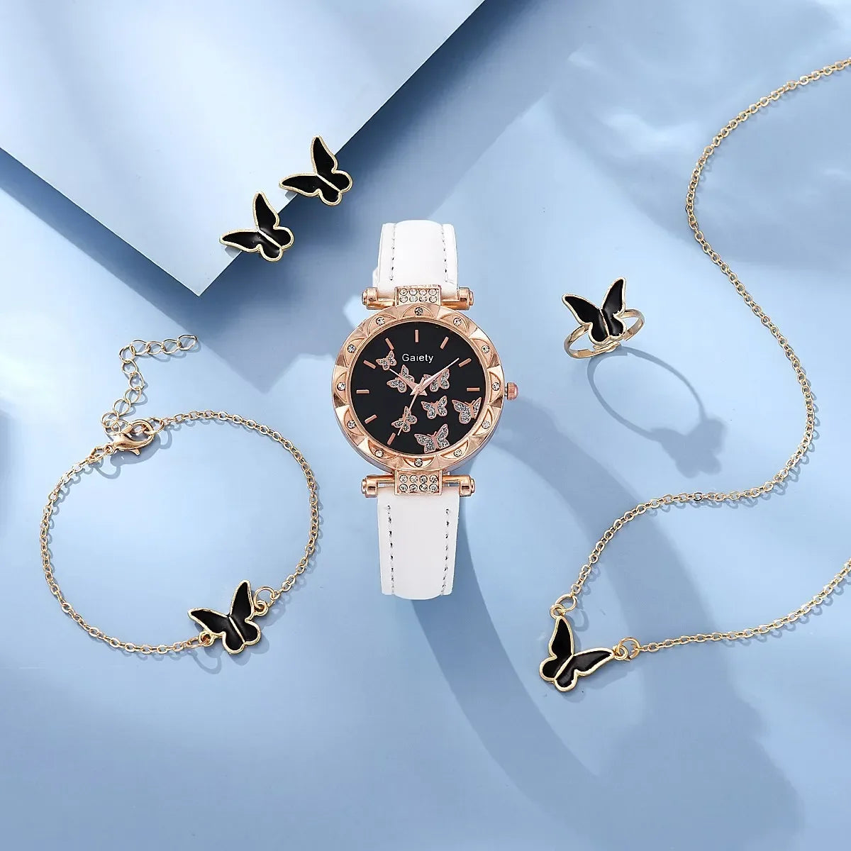 1/6PCS Set Luxury Watch Women Ring Necklace Earrings Rhinestone Fashion Wristwatch Ladies Casual Watches Bracelet Set Clock