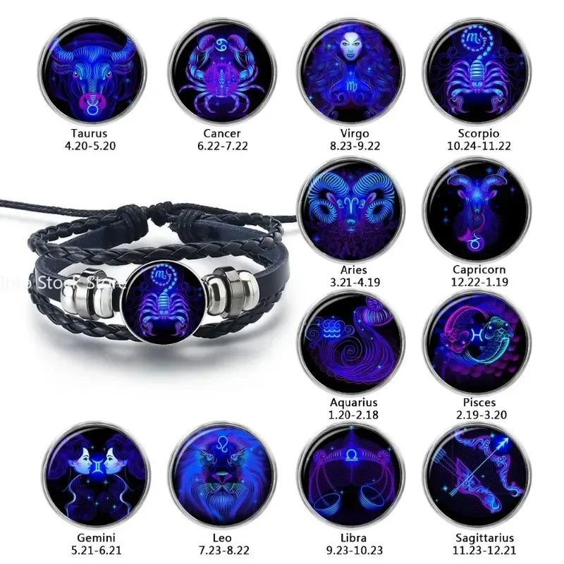 Gemini Leo Libra Scorpio Sagittarius 12 Constellation Luminous Bracelet Leather Bracelet Zodiac Charm Jewelry Bracelet for Men