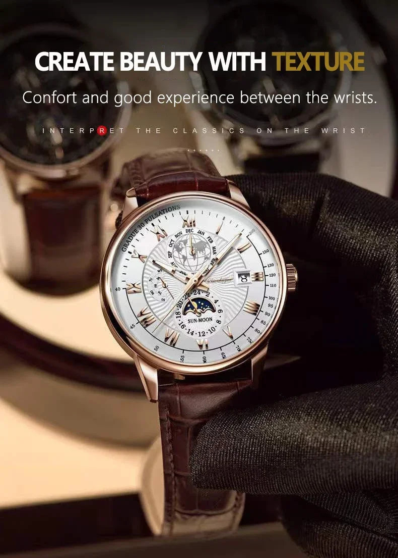 Luxury Man Watch Waterproof Chronograph Moon Phase Pattern Luminous Men's Wristwatch Leather Men Quartz Watches Casual Clock